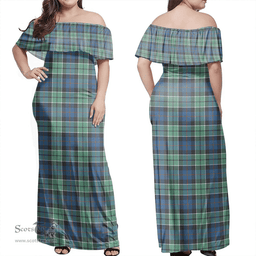 Scottish Leslie Hunting Clan Tartan Off Shoulder Long Dress - Classic Scottish Plaid Tartan Plaid