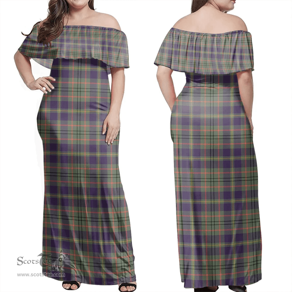Scottish Taylor Weathered Clan Tartan Off Shoulder Long Dress - Classic Scottish Plaid Tartan Plaid