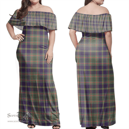 Scottish Taylor Weathered Clan Tartan Off Shoulder Long Dress - Classic Scottish Plaid Tartan Plaid