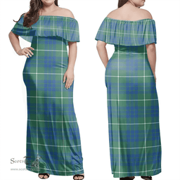 Scottish Hamilton Hunting Ancient Clan Tartan Off Shoulder Long Dress - Classic Scottish Plaid Tartan Plaid