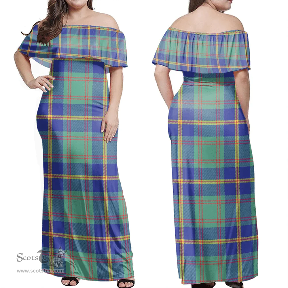 Scottish Us Marine Clan Tartan Off Shoulder Long Dress - Classic Scottish Plaid Tartan Plaid