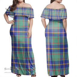 Scottish Us Marine Clan Tartan Off Shoulder Long Dress - Classic Scottish Plaid Tartan Plaid