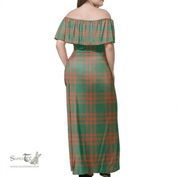 Scottish Menzies Green Ancient Clan Tartan Off Shoulder Long Dress - Classic Scottish Plaid Tartan Plaid