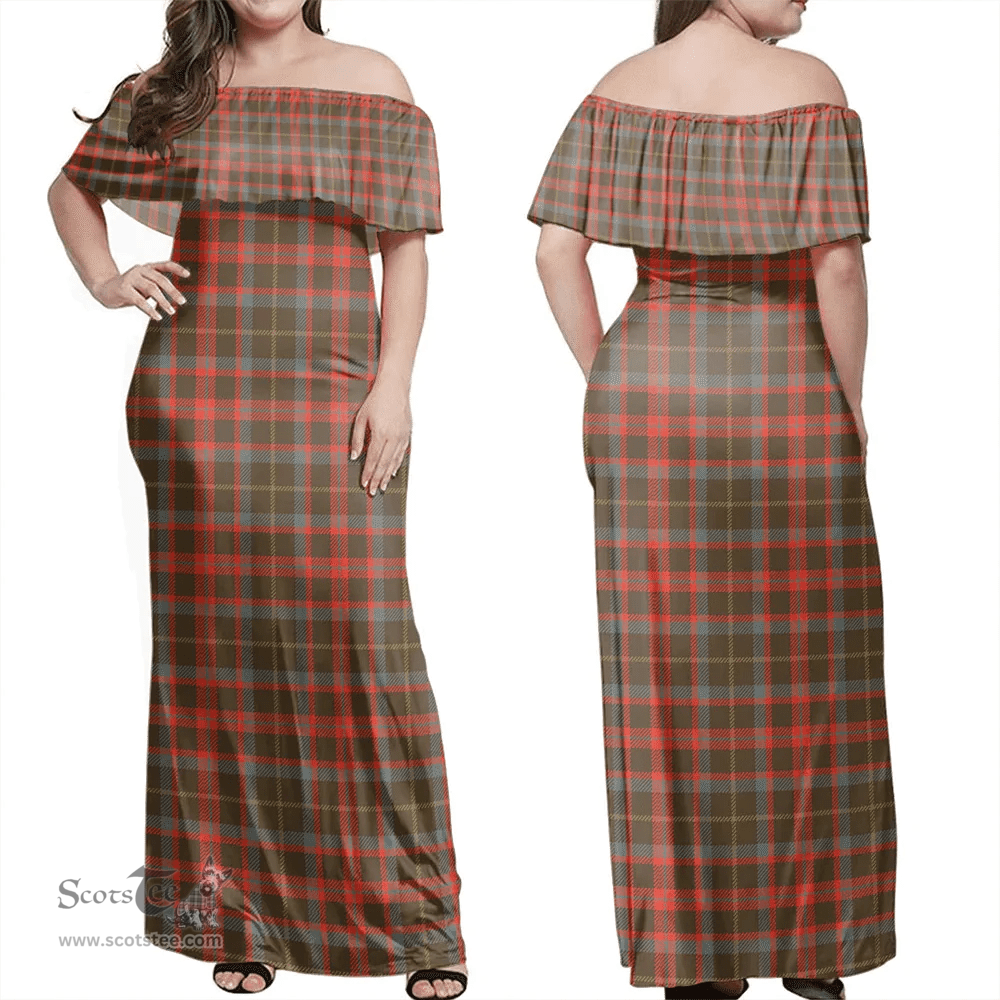 Scottish MacKintosh Hunting Weathered Clan Tartan Off Shoulder Long Dress - Classic Scottish Plaid Tartan Plaid