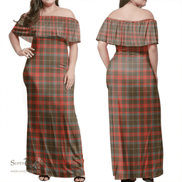 Scottish MacKintosh Hunting Weathered Clan Tartan Off Shoulder Long Dress - Classic Scottish Plaid Tartan Plaid