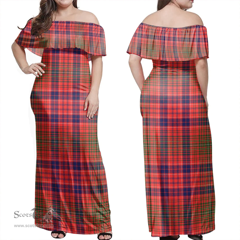 Scottish Lumsden Modern Clan Tartan Off Shoulder Long Dress - Classic Scottish Plaid Tartan Plaid