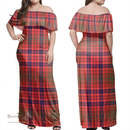 Scottish Lumsden Modern Clan Tartan Off Shoulder Long Dress - Classic Scottish Plaid Tartan Plaid