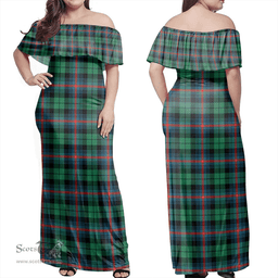 Scottish Urquhart Broad Red Ancient Clan Tartan Off Shoulder Long Dress - Classic Scottish Plaid Tartan Plaid