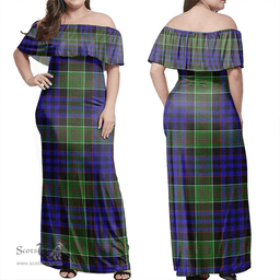 Scottish Newman Clan Tartan Off Shoulder Long Dress - Classic Scottish Plaid Tartan Plaid