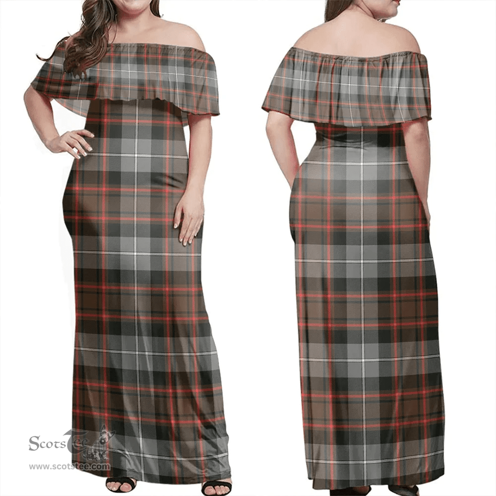 Scottish MacRae Hunting Weathered Clan Tartan Off Shoulder Long Dress - Classic Scottish Plaid Tartan Plaid
