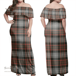 Scottish MacRae Hunting Weathered Clan Tartan Off Shoulder Long Dress - Classic Scottish Plaid Tartan Plaid