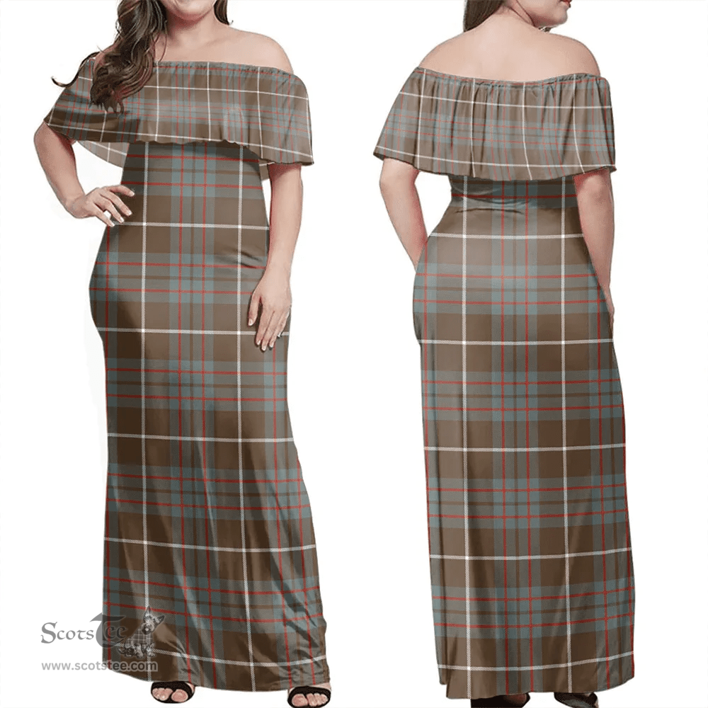 Scottish MacIntyre Hunting Weathered Clan Tartan Off Shoulder Long Dress - Classic Scottish Plaid Tartan Plaid