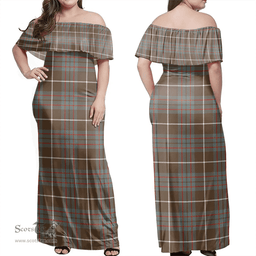 Scottish MacIntyre Hunting Weathered Clan Tartan Off Shoulder Long Dress - Classic Scottish Plaid Tartan Plaid