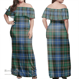Scottish MacRae Hunting Ancient Clan Tartan Off Shoulder Long Dress - Classic Scottish Plaid Tartan Plaid