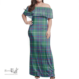 Scottish Inglis Ancient Clan Tartan Off Shoulder Long Dress - Classic Scottish Plaid Tartan Plaid