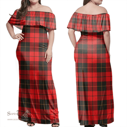 Scottish Wallace Weathered Clan Tartan Off Shoulder Long Dress - Classic Scottish Plaid Tartan Plaid