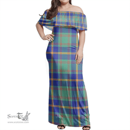 Scottish Us Marine Clan Tartan Off Shoulder Long Dress - Classic Scottish Plaid Tartan Plaid
