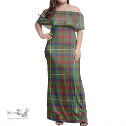 Scottish Shaw Green Modern Clan Tartan Off Shoulder Long Dress - Classic Scottish Plaid Tartan Plaid