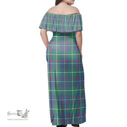 Scottish Inglis Ancient Clan Tartan Off Shoulder Long Dress - Classic Scottish Plaid Tartan Plaid