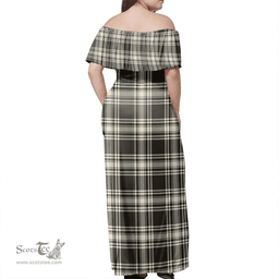 Scottish Menzies Black & White Ancient Clan Tartan Off Shoulder Long Dress - Classic Scottish Plaid Tartan Plaid