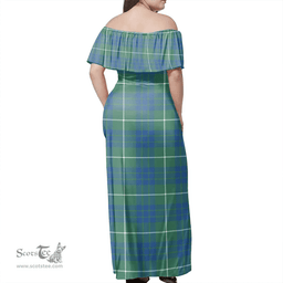 Scottish Hamilton Hunting Ancient Clan Tartan Off Shoulder Long Dress - Classic Scottish Plaid Tartan Plaid