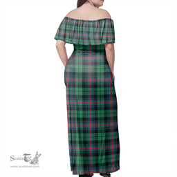 Scottish Urquhart Broad Red Ancient Clan Tartan Off Shoulder Long Dress - Classic Scottish Plaid Tartan Plaid