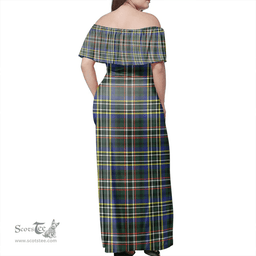 Scottish Scott Green Modern Clan Tartan Off Shoulder Long Dress - Classic Scottish Plaid Tartan Plaid