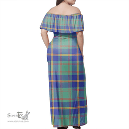 Scottish Us Marine Clan Tartan Off Shoulder Long Dress - Classic Scottish Plaid Tartan Plaid