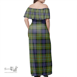 Scottish Fergusson Modern Clan Tartan Off Shoulder Long Dress - Classic Scottish Plaid Tartan Plaid