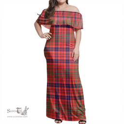Scottish Lumsden Modern Clan Tartan Off Shoulder Long Dress - Classic Scottish Plaid Tartan Plaid