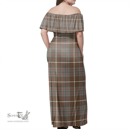 Scottish MacIntyre Hunting Weathered Clan Tartan Off Shoulder Long Dress - Classic Scottish Plaid Tartan Plaid