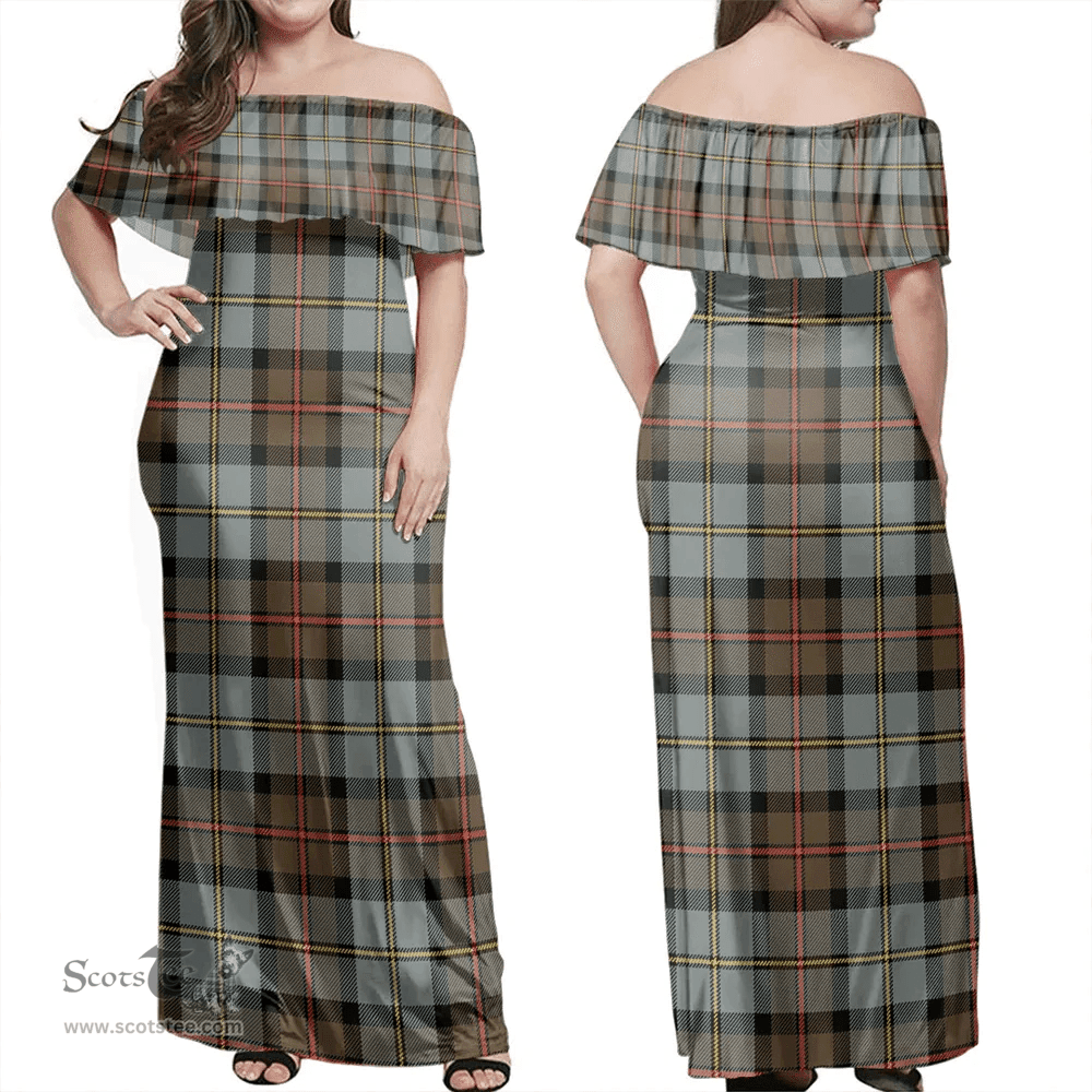 Scottish MacLeod Of Harris Weathered Clan Tartan Off Shoulder Long Dress - Classic Scottish Plaid Tartan Plaid