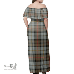 Scottish MacLeod Of Harris Weathered Clan Tartan Off Shoulder Long Dress - Classic Scottish Plaid Tartan Plaid