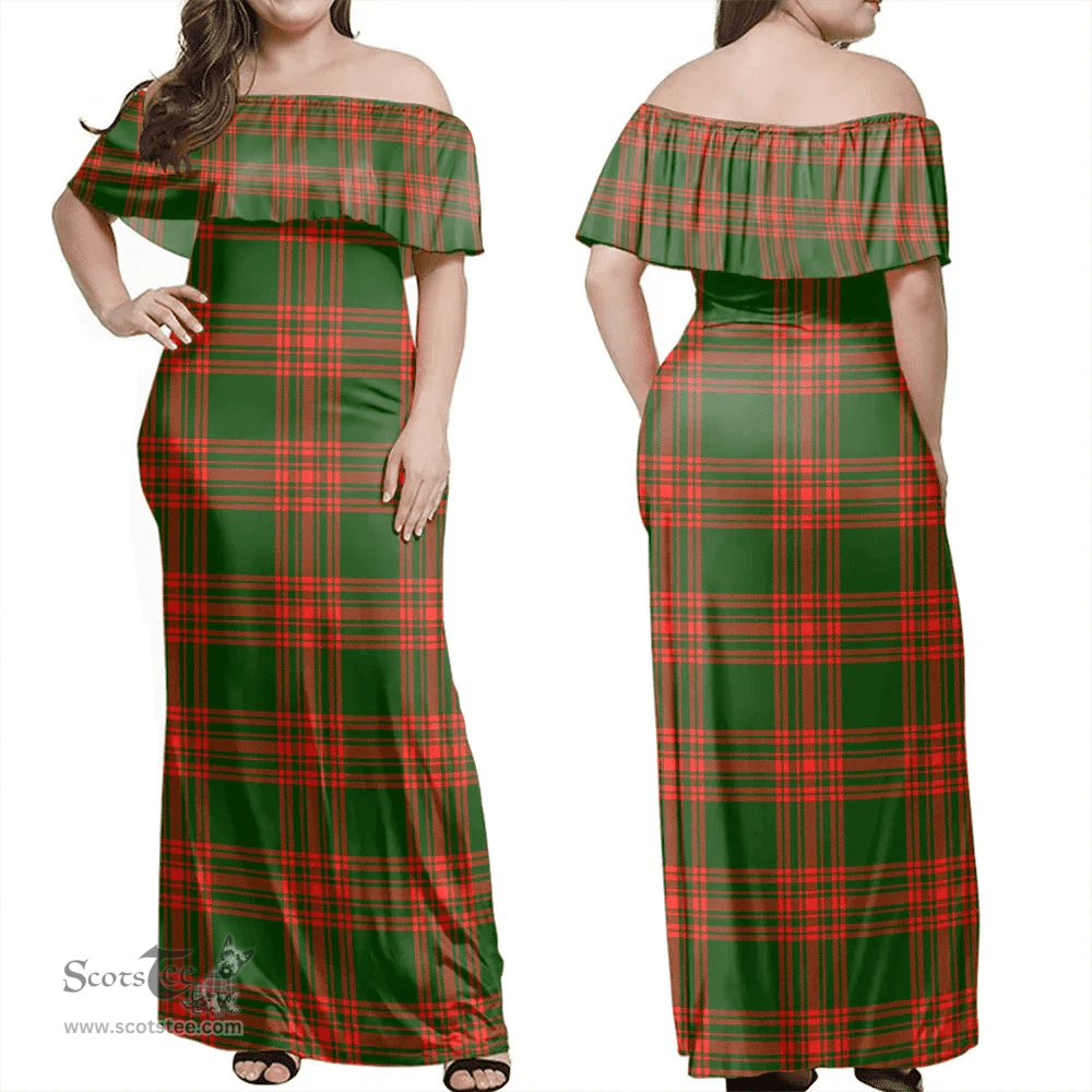 Scottish Menzies Green Modern Clan Tartan Off Shoulder Long Dress - Classic Scottish Plaid Tartan Plaid