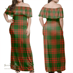 Scottish Menzies Green Modern Clan Tartan Off Shoulder Long Dress - Classic Scottish Plaid Tartan Plaid