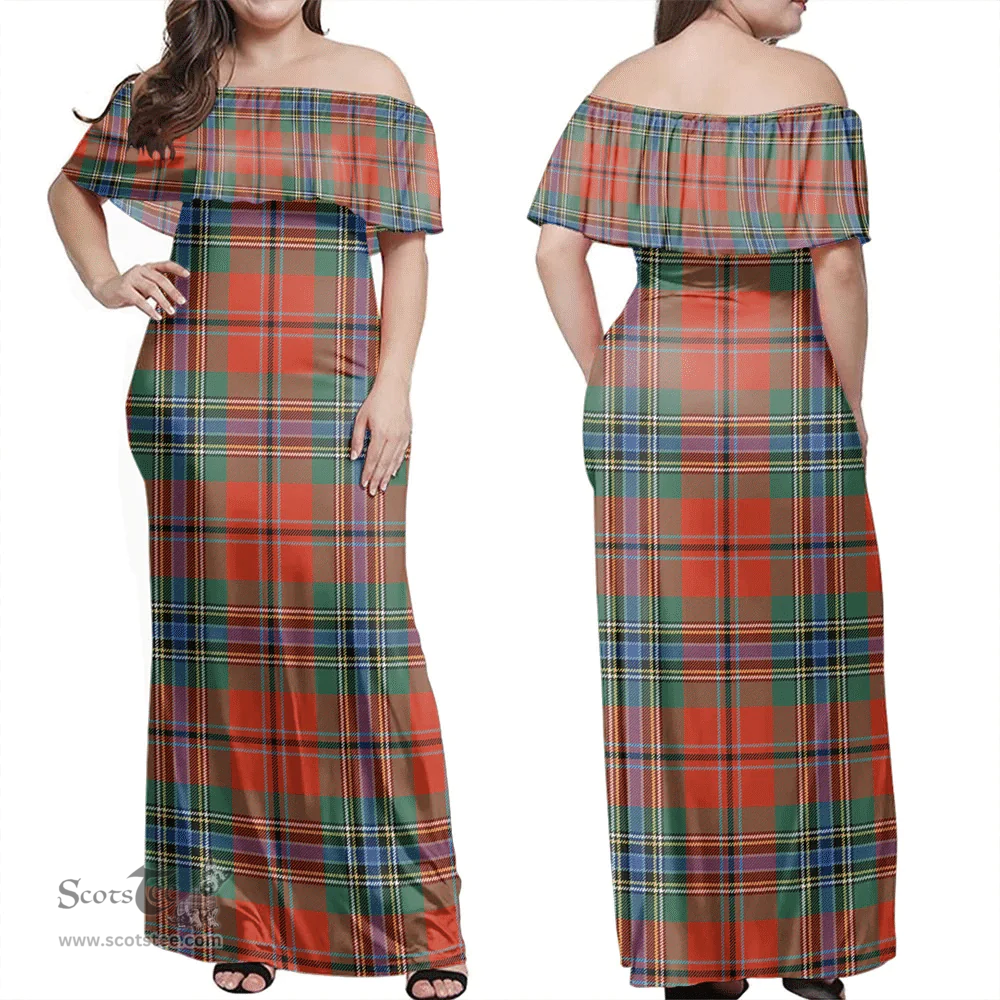 Scottish MacLean Of Duart Ancient Clan Tartan Off Shoulder Long Dress - Classic Scottish Plaid Tartan Plaid