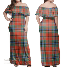 Scottish MacLean Of Duart Ancient Clan Tartan Off Shoulder Long Dress - Classic Scottish Plaid Tartan Plaid