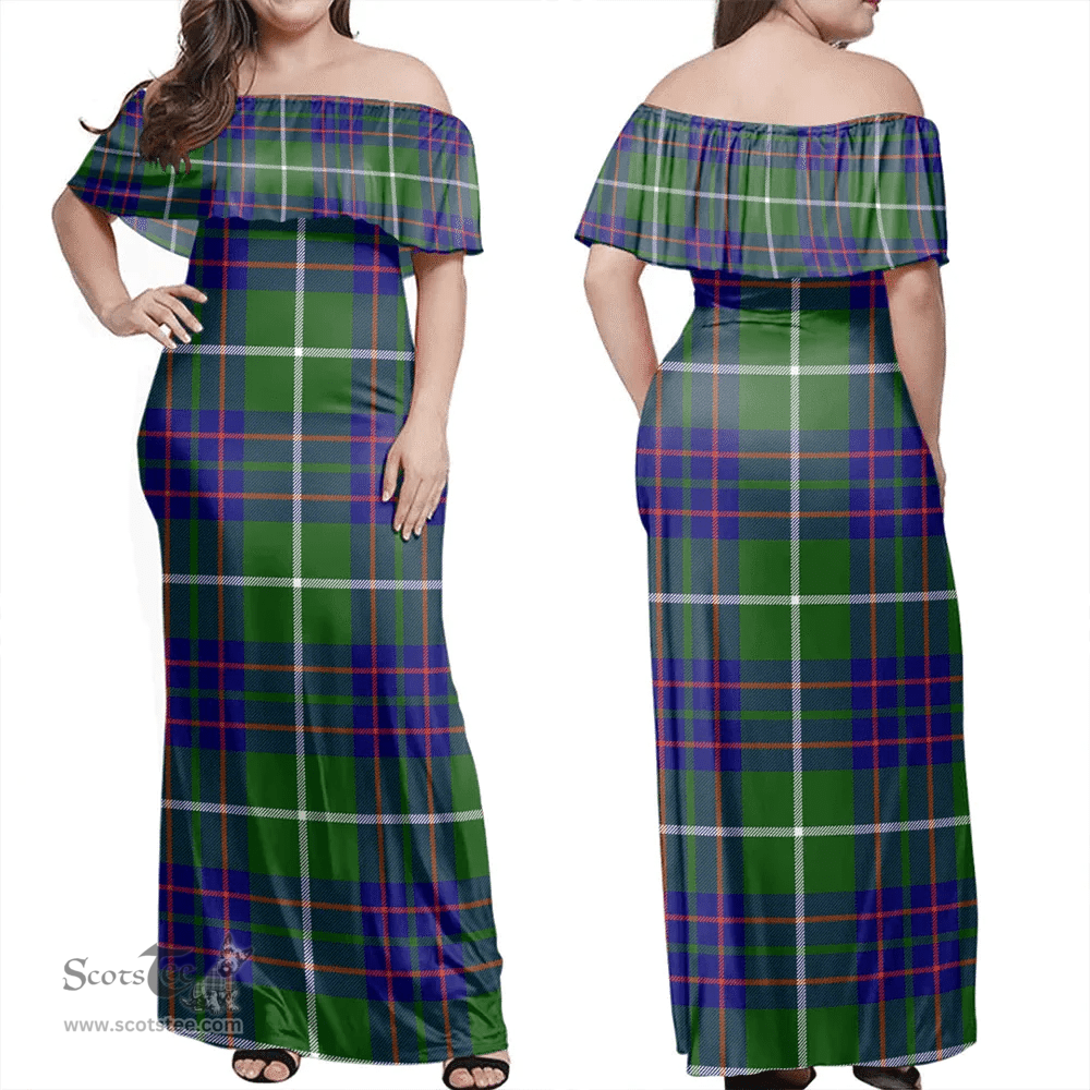Scottish MacIntyre Hunting Modern Clan Tartan Off Shoulder Long Dress - Classic Scottish Plaid Tartan Plaid