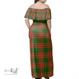 Scottish Menzies Green Modern Clan Tartan Off Shoulder Long Dress - Classic Scottish Plaid Tartan Plaid