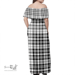 Scottish Scott Black & White Modern Clan Tartan Off Shoulder Long Dress - Classic Scottish Plaid Tartan Plaid