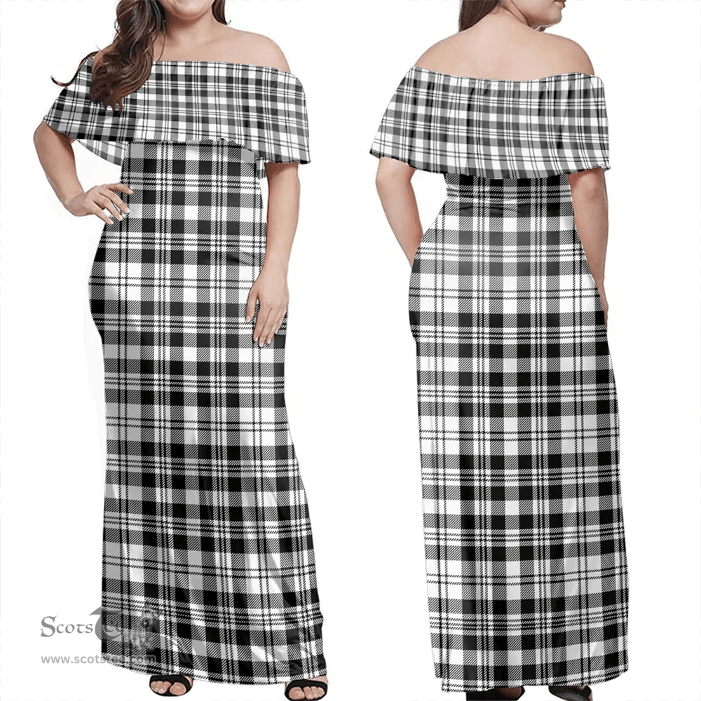 Scottish Scott Black & White Modern Clan Tartan Off Shoulder Long Dress - Classic Scottish Plaid Tartan Plaid