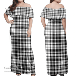 Scottish Scott Black & White Modern Clan Tartan Off Shoulder Long Dress - Classic Scottish Plaid Tartan Plaid