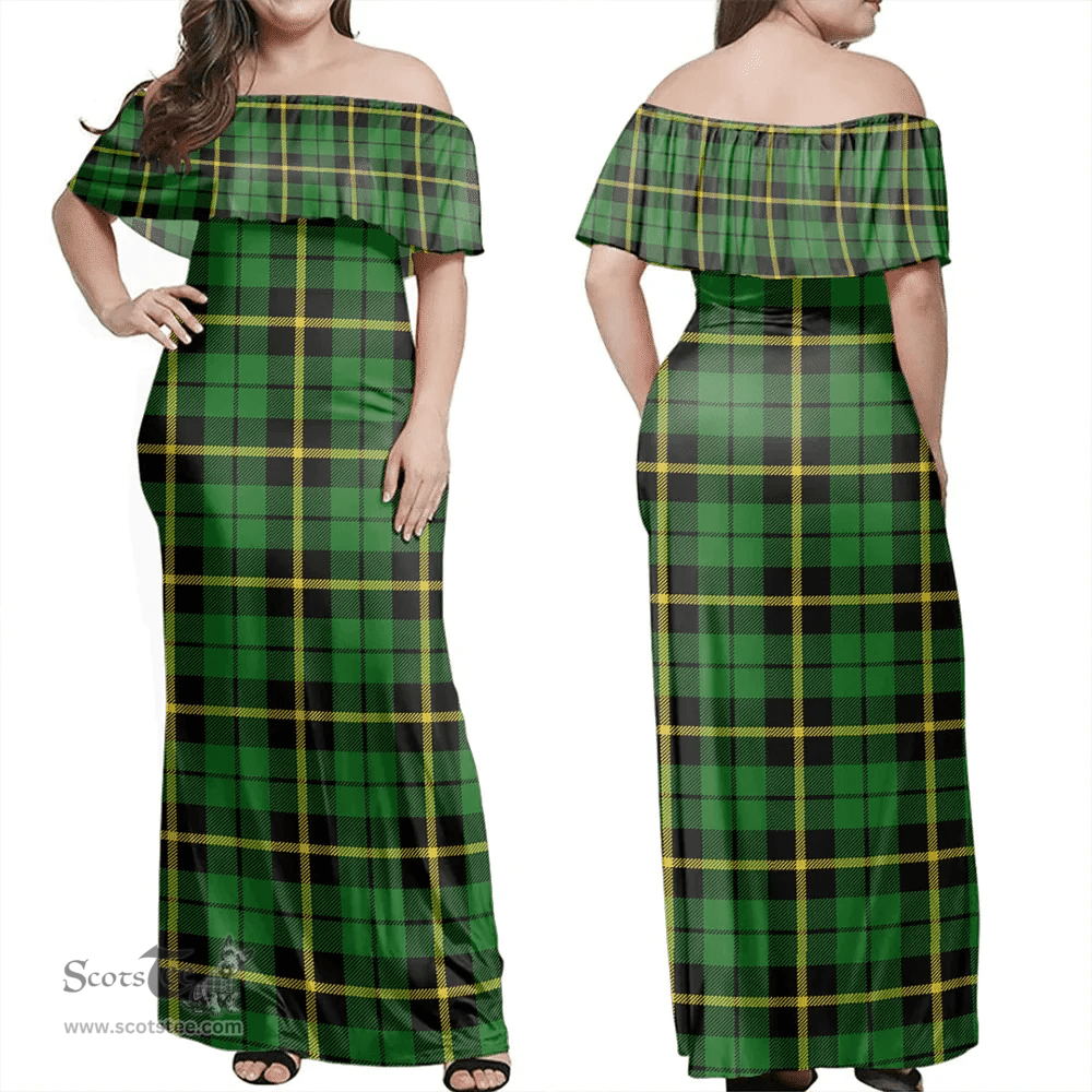 Scottish Wallace Hunting Green Clan Tartan Off Shoulder Long Dress - Classic Scottish Plaid Tartan Plaid