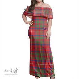 Scottish Shaw Red Modern Clan Tartan Off Shoulder Long Dress - Classic Scottish Plaid Tartan Plaid