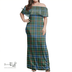 Scottish Ogilvie Hunting Ancient Clan Tartan Off Shoulder Long Dress - Classic Scottish Plaid Tartan Plaid