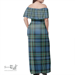 Scottish Robertson Hunting Ancient Clan Tartan Off Shoulder Long Dress - Classic Scottish Plaid Tartan Plaid