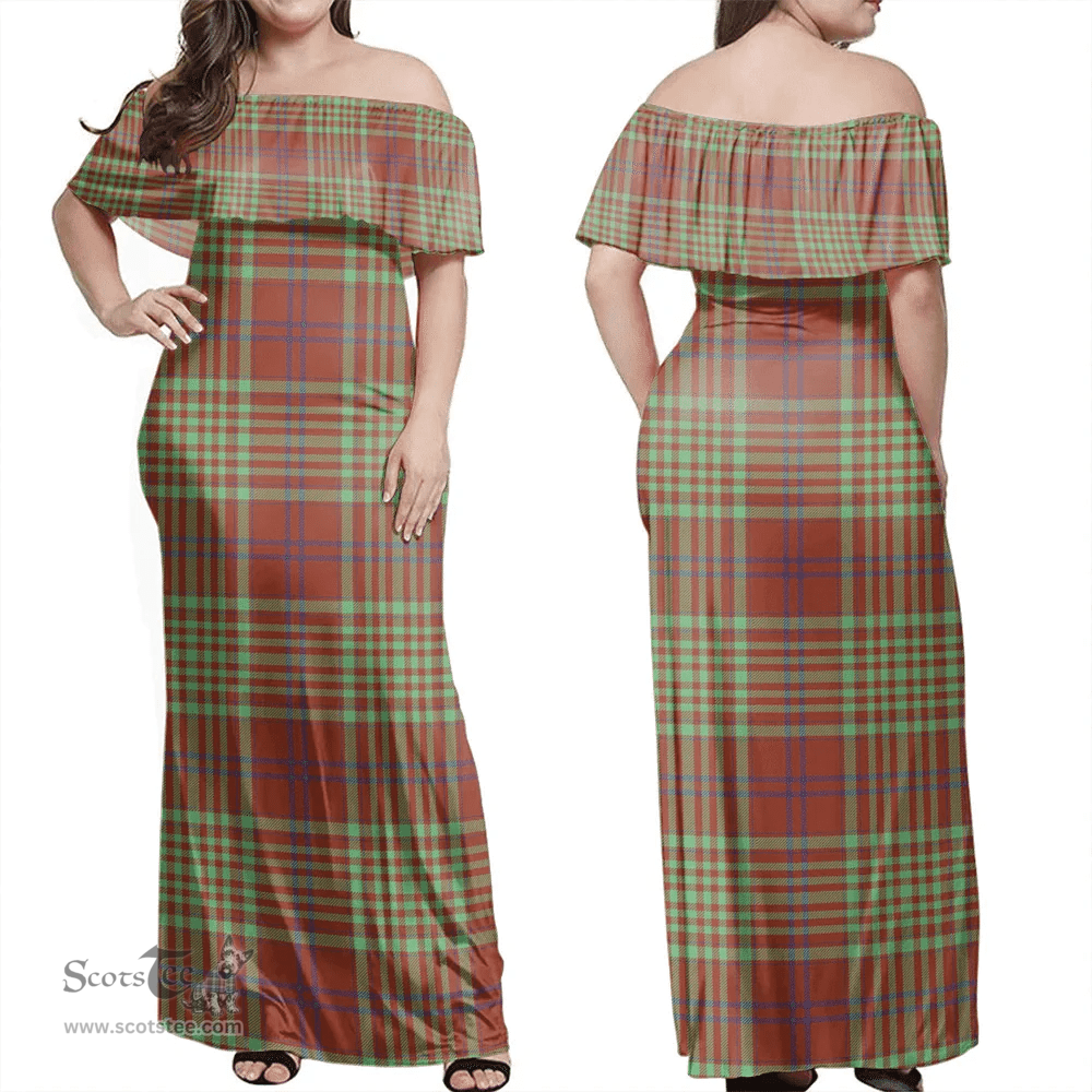 Scottish MacGillivray Hunting Ancient Clan Tartan Off Shoulder Long Dress - Classic Scottish Plaid Tartan Plaid