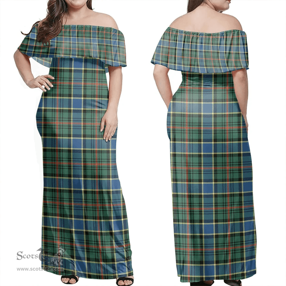 Scottish Ogilvie Hunting Ancient Clan Tartan Off Shoulder Long Dress - Classic Scottish Plaid Tartan Plaid