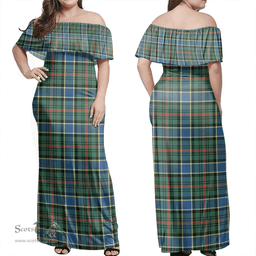 Scottish Ogilvie Hunting Ancient Clan Tartan Off Shoulder Long Dress - Classic Scottish Plaid Tartan Plaid