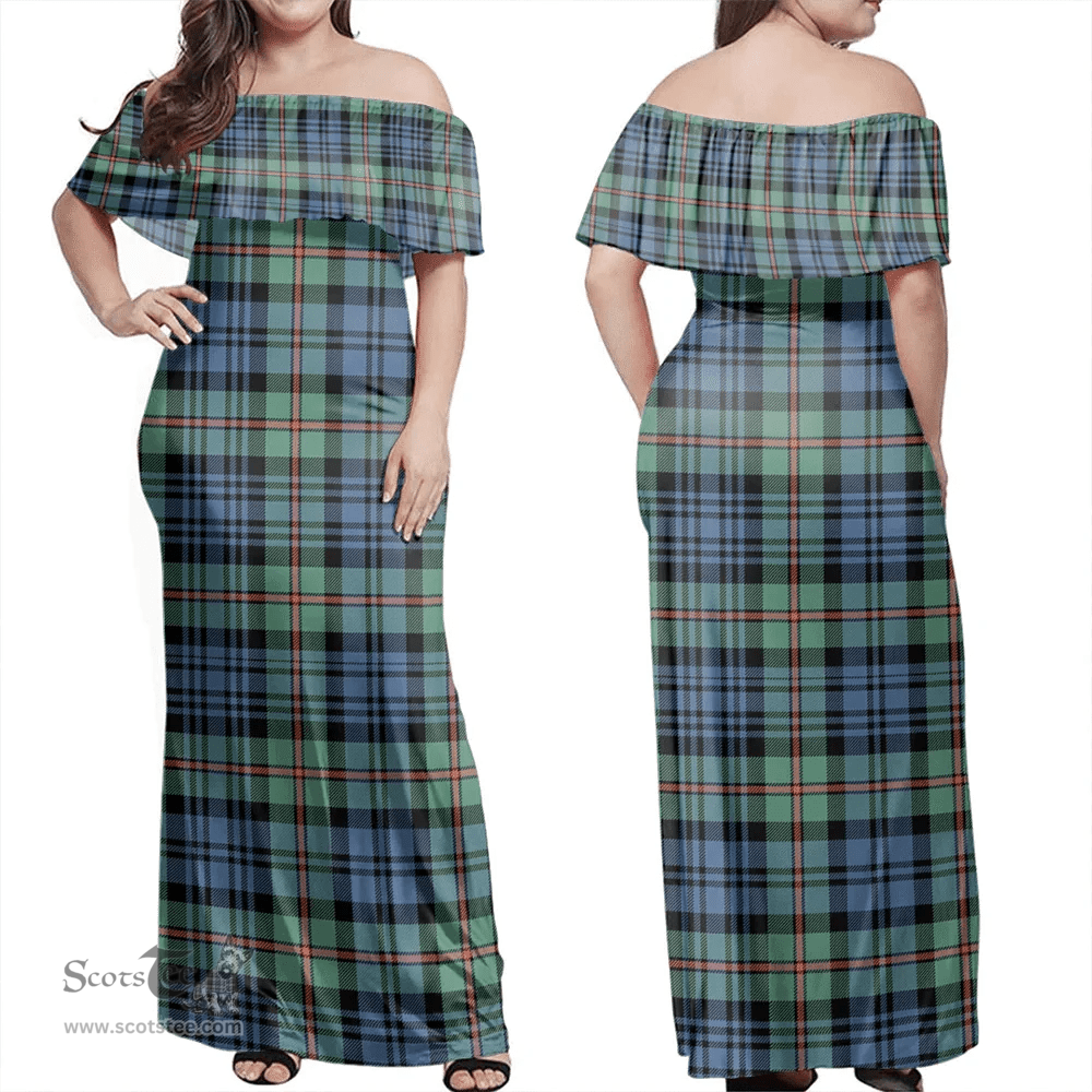 Scottish MacKinlay Ancient Clan Tartan Off Shoulder Long Dress - Classic Scottish Plaid Tartan Plaid